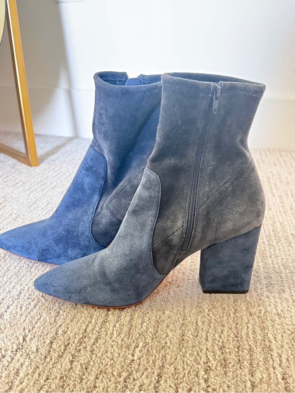 Loeffler Randall Blue- Navy Blue Suede Pointed Toe Block Heel Ankle Boots